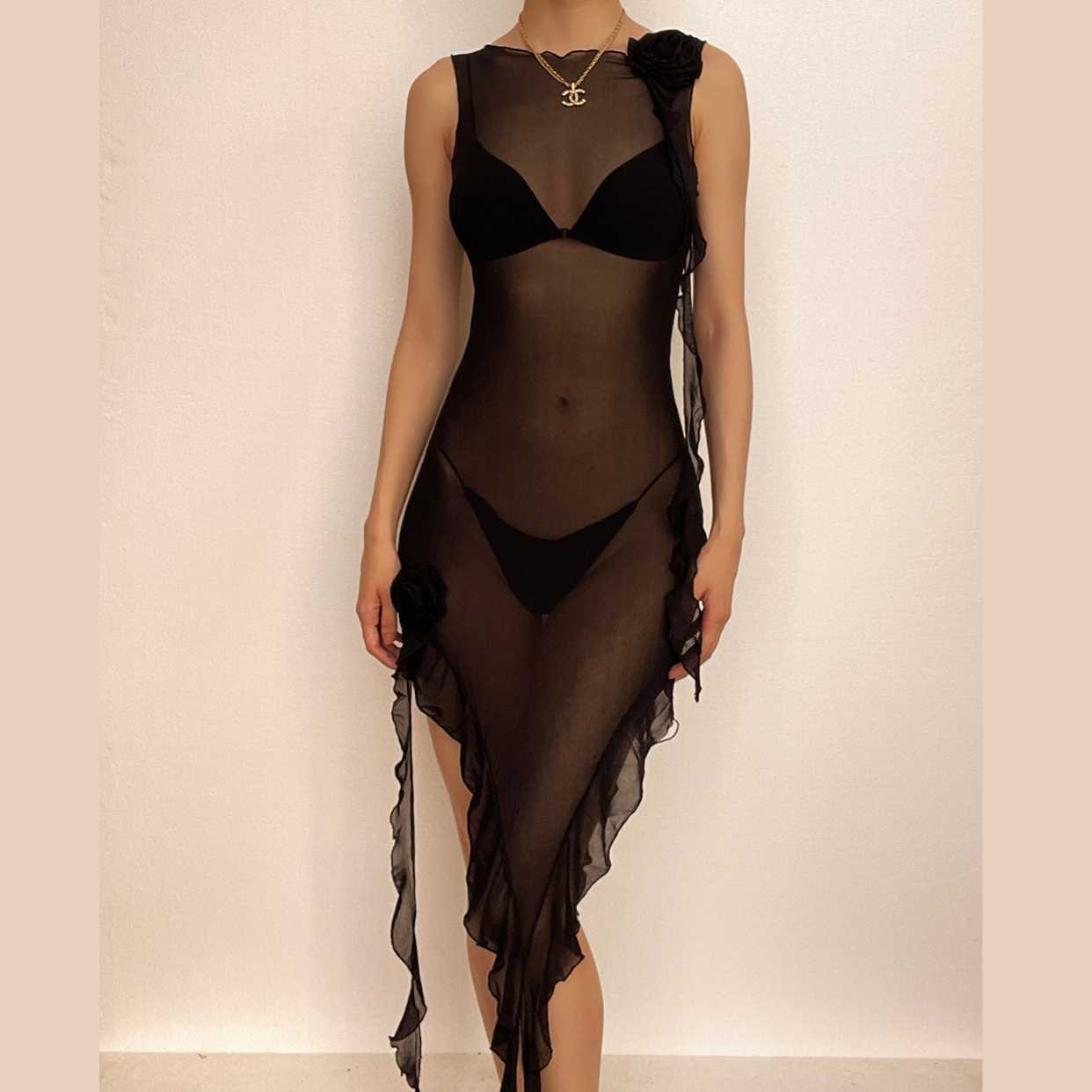 Ruffle Sheer Mesh Flower Applique Ribbon Midi Dress - Y2K Coquette Aesthetic Style