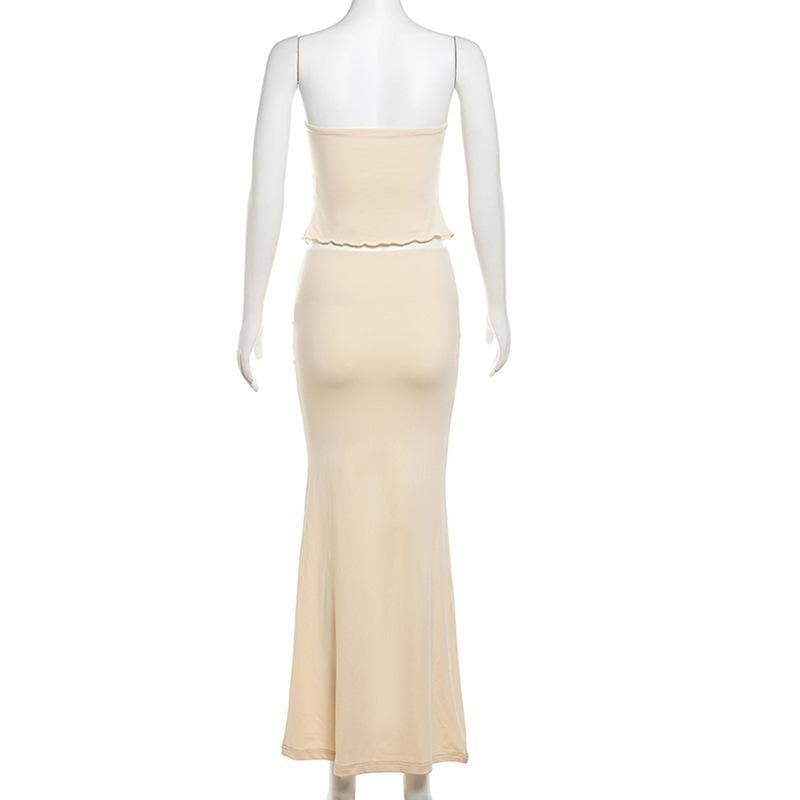 Ruffle Slit Self-Tie Solid Tube Maxi Skirt Set - Y2K Aesthetic, Coquette Style, Cute Outfits