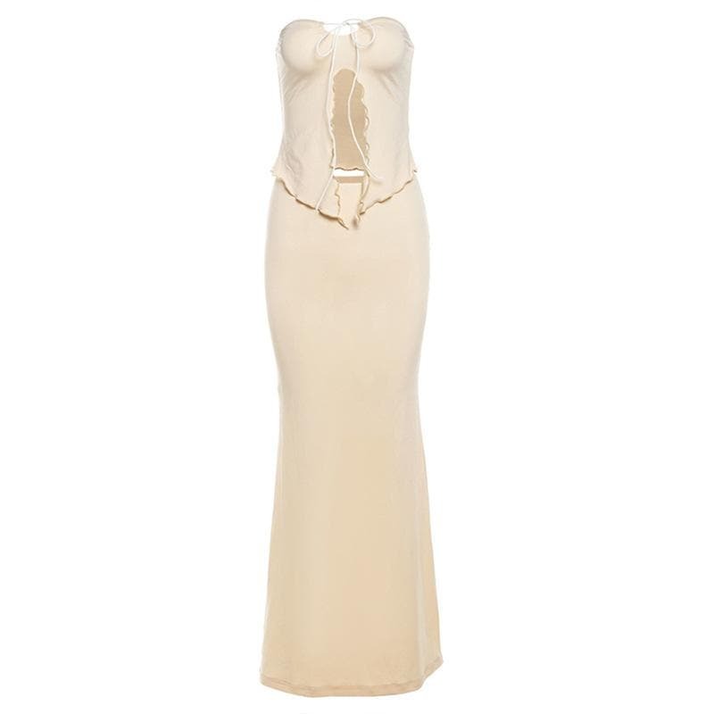 Ruffle Slit Self-Tie Solid Tube Maxi Skirt Set - Y2K Aesthetic, Coquette Style, Cute Outfits