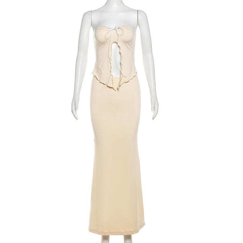 Ruffle Slit Self-Tie Solid Tube Maxi Skirt Set - Y2K Aesthetic, Coquette Style, Cute Outfits
