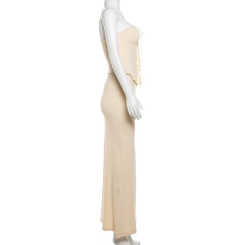 Ruffle Slit Self-Tie Solid Tube Maxi Skirt Set - Y2K Aesthetic, Coquette Style, Cute Outfits