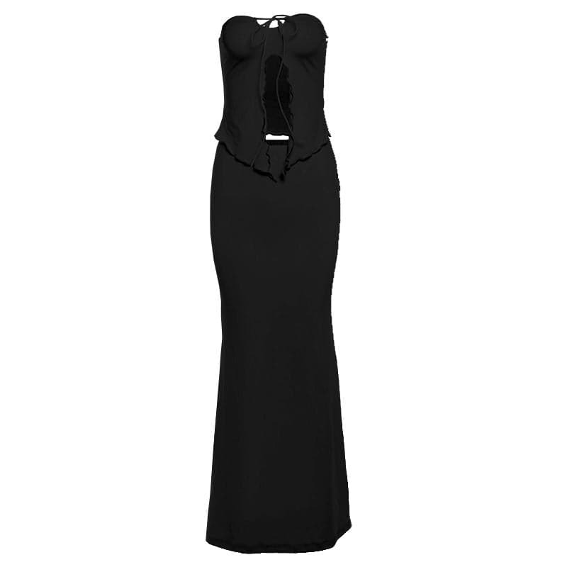 Ruffle Slit Self-Tie Solid Tube Maxi Skirt Set - Y2K Aesthetic, Coquette Style, Cute Outfits
