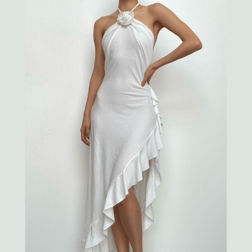 Ruffle Solid Flower Applique Halter Backless Midi Dress - Y2K Coquette Aesthetic Style