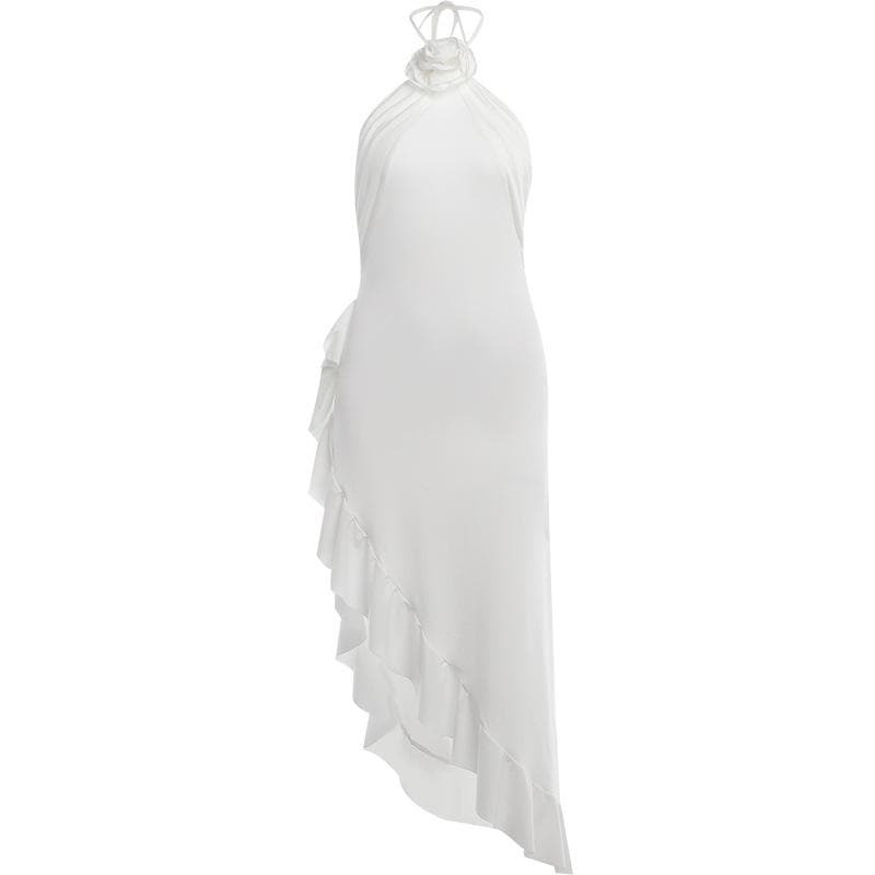 Ruffle Solid Flower Applique Halter Backless Midi Dress - Y2K Coquette Aesthetic Style