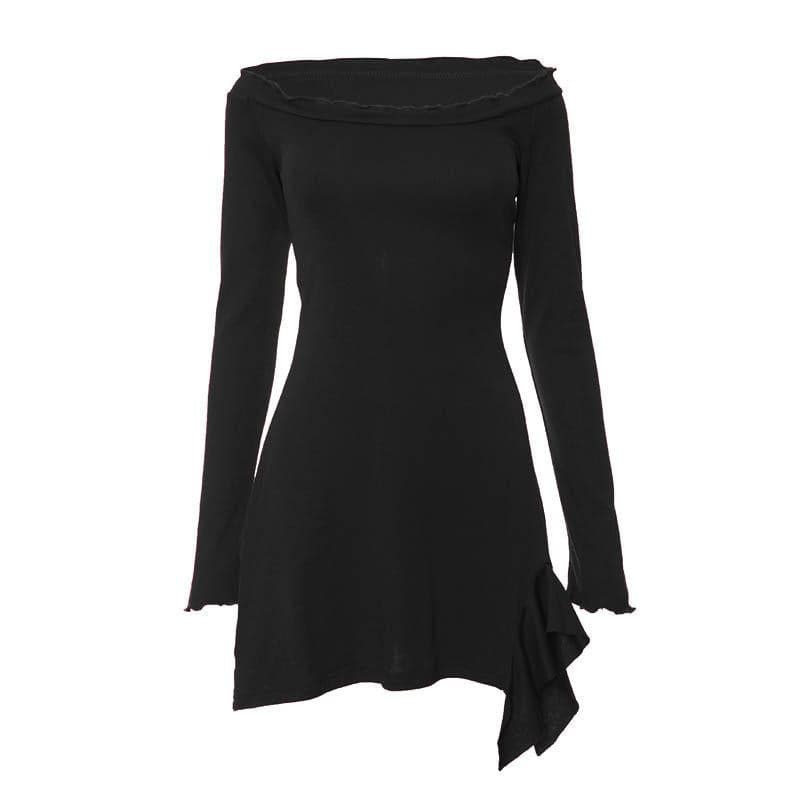 Ruffle Solid Long Sleeve Off-Shoulder Mini Dress - Y2K Aesthetic Cute Fashion Statement