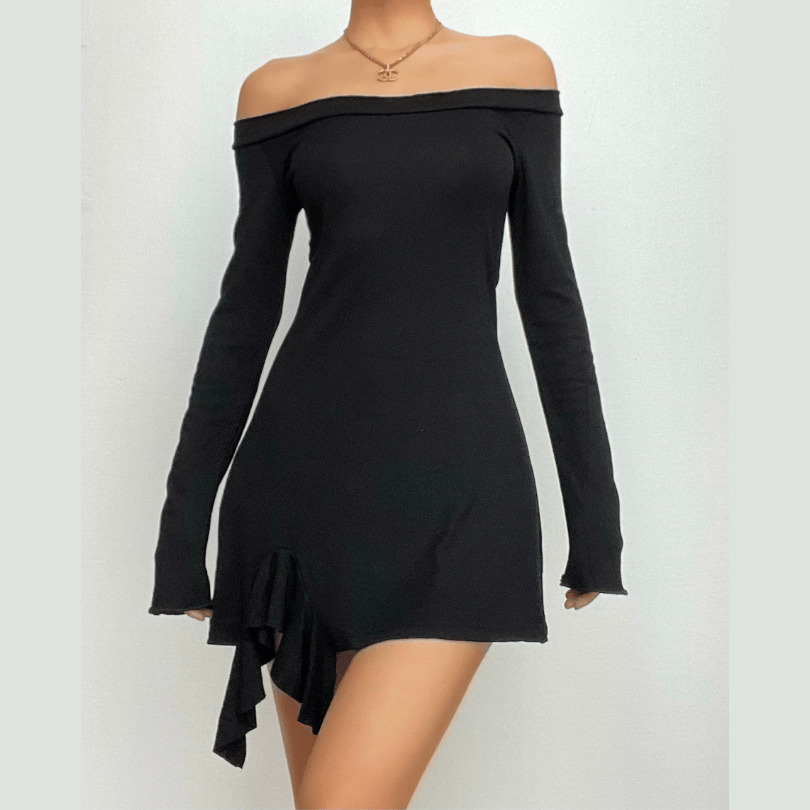 Ruffle Solid Long Sleeve Off-Shoulder Mini Dress - Y2K Aesthetic Cute Fashion Statement