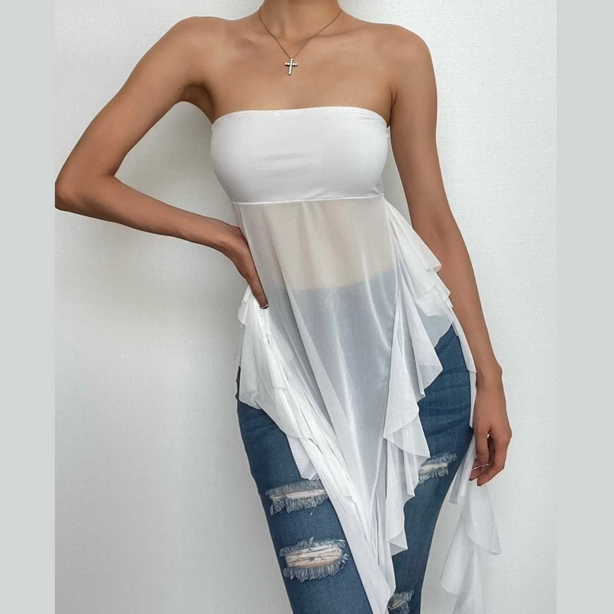 Ruffle Solid Mesh Backless Tube Top - Y2K Aesthetic Cute Crop for Coquette & Grunge Styles