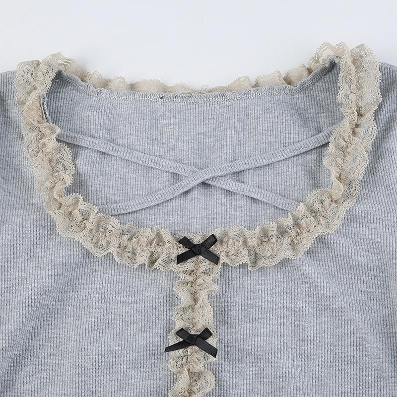 Ruffle Solid Ribbed Contrast Long Sleeve Cross Front Crop Top - Y2K Aesthetic Cute Top