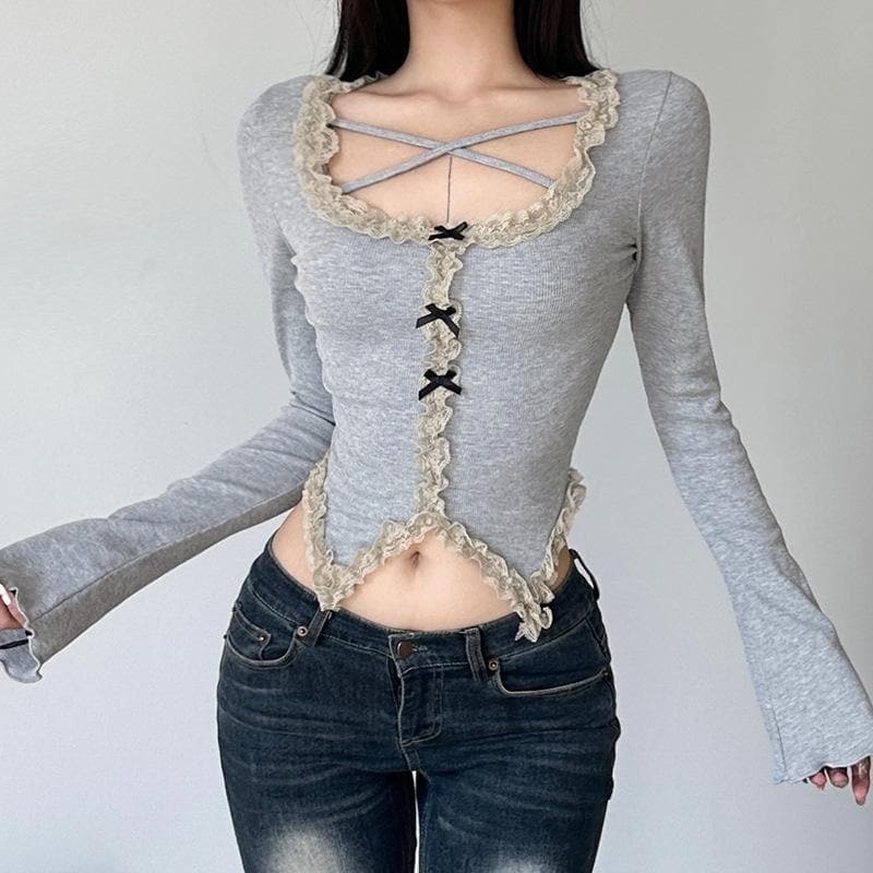 Ruffle Solid Ribbed Contrast Long Sleeve Cross Front Crop Top - Y2K Aesthetic Cute Top