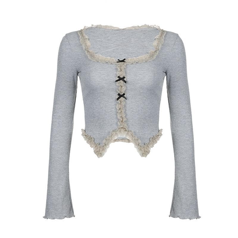 Ruffle Solid Ribbed Contrast Long Sleeve Cross Front Crop Top - Y2K Aesthetic Cute Top