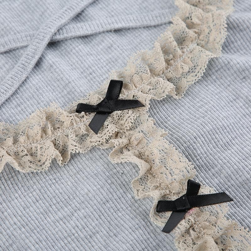 Ruffle Solid Ribbed Contrast Long Sleeve Cross Front Crop Top - Y2K Aesthetic Cute Top