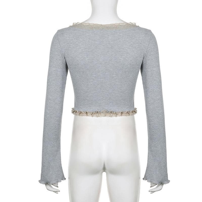 Ruffle Solid Ribbed Contrast Long Sleeve Cross Front Crop Top - Y2K Aesthetic Cute Top