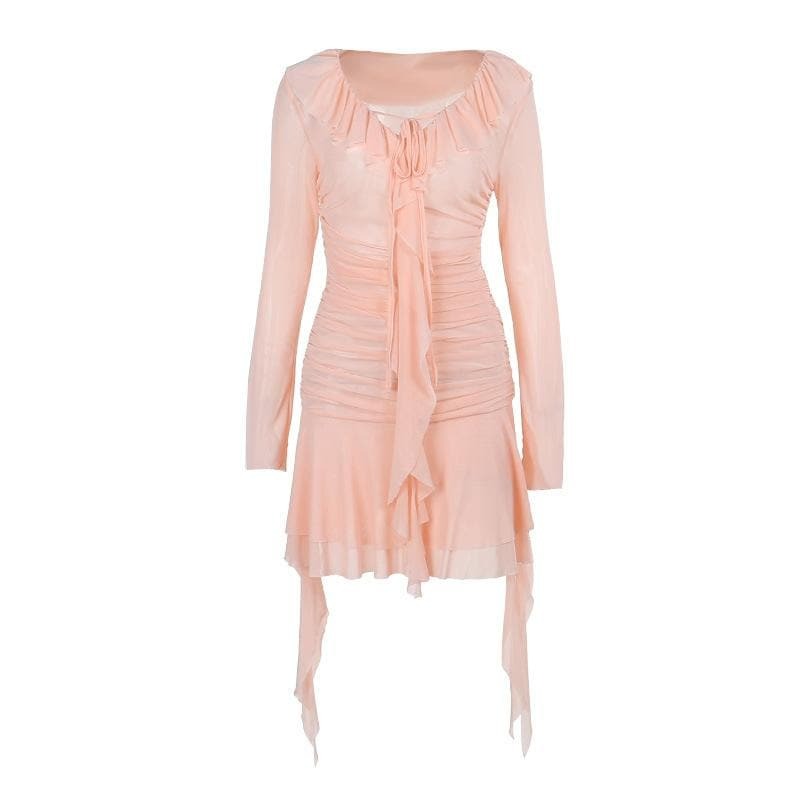 Ruffle Solid Self-Tie Ruched Long Sleeve Mini Dress - Y2K Aesthetic & Coquette Style