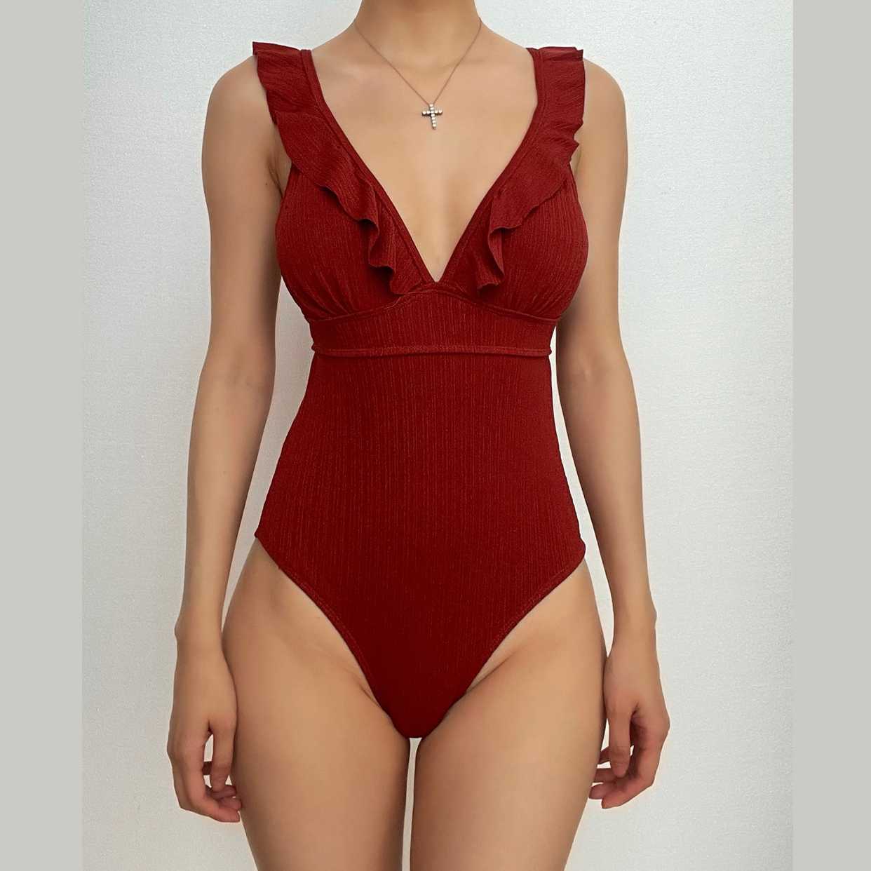 Ruffle Solid V-Neck Backless One-Piece Swimwear - Y2K Aesthetic Cute Summer Style