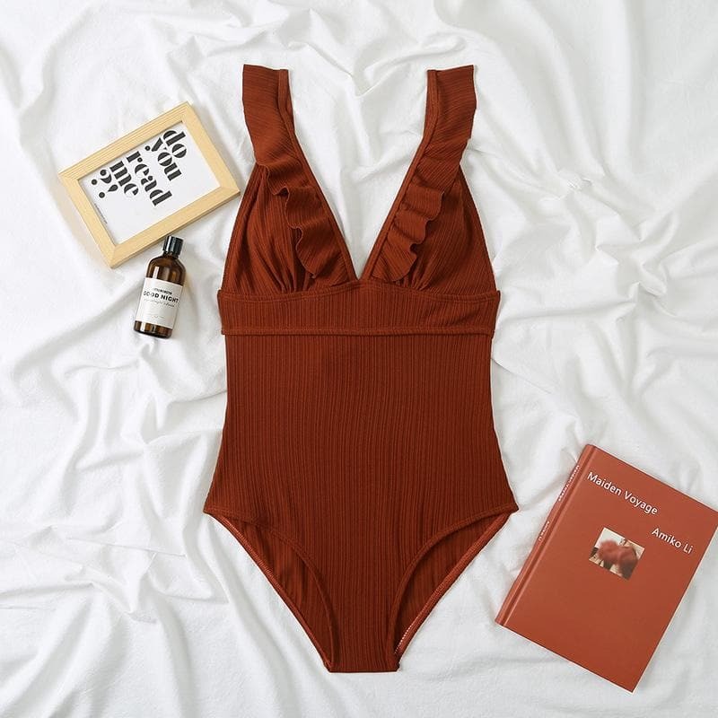 Ruffle Solid V-Neck Backless One-Piece Swimwear - Y2K Aesthetic Cute Summer Style