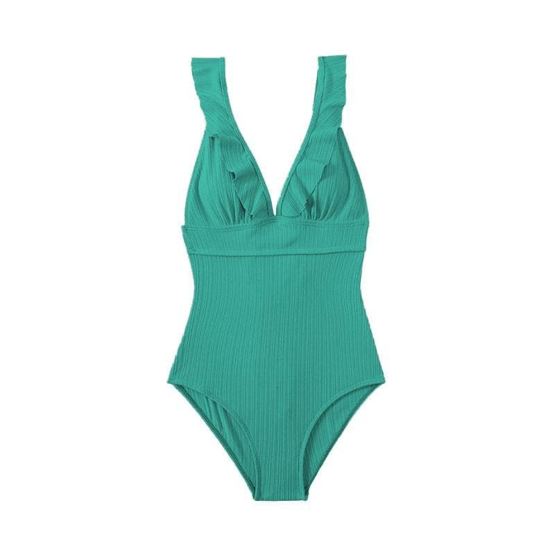 Ruffle Solid V-Neck Backless One-Piece Swimwear - Y2K Aesthetic Cute Summer Style
