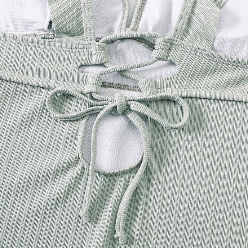 Ruffle Solid V-Neck Backless One-Piece Swimwear - Y2K Aesthetic Cute Summer Style