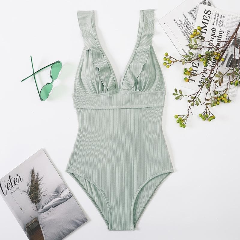 Ruffle Solid V-Neck Backless One-Piece Swimwear - Y2K Aesthetic Cute Summer Style