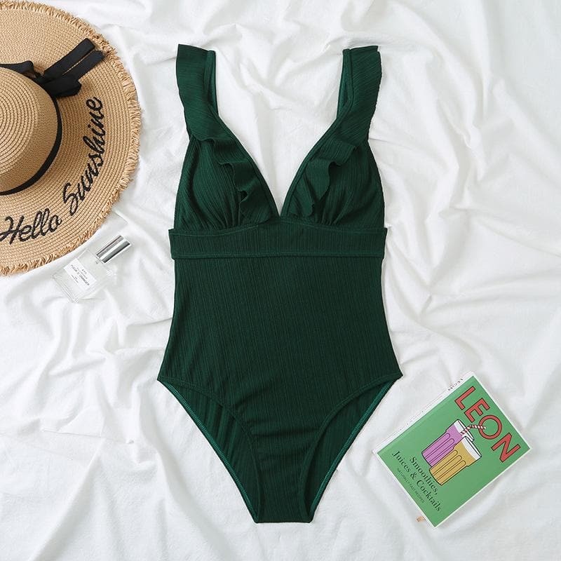 Ruffle Solid V-Neck Backless One-Piece Swimwear - Y2K Aesthetic Cute Summer Style