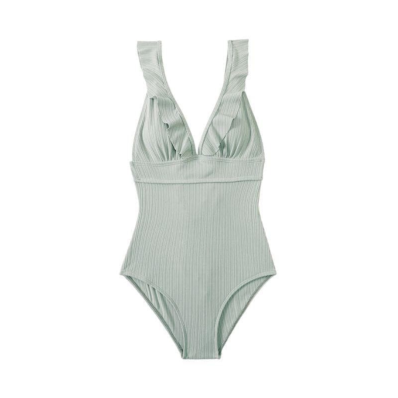 Ruffle Solid V-Neck Backless One-Piece Swimwear - Y2K Aesthetic Cute Summer Style