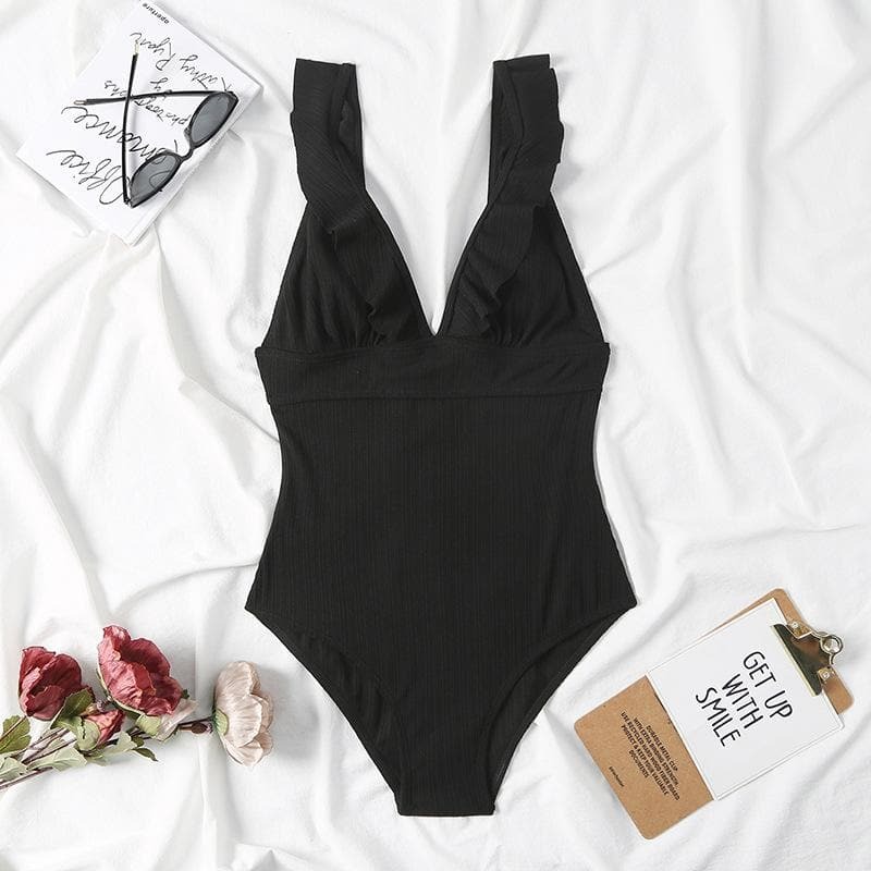Ruffle Solid V-Neck Backless One-Piece Swimwear - Y2K Aesthetic Cute Summer Style