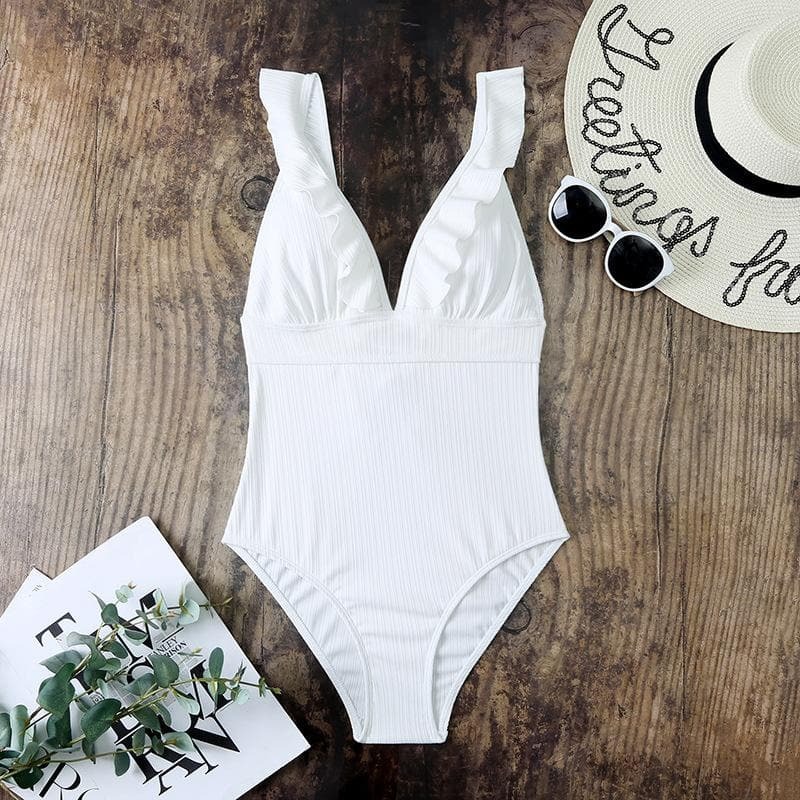 Ruffle Solid V-Neck Backless One-Piece Swimwear - Y2K Aesthetic Cute Summer Style