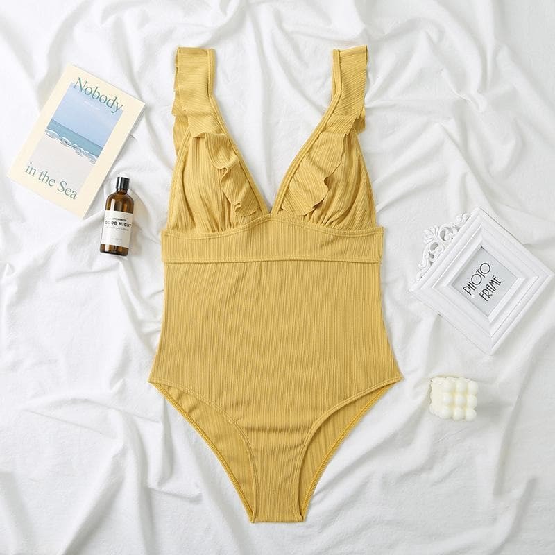 Ruffle Solid V-Neck Backless One-Piece Swimwear - Y2K Aesthetic Cute Summer Style