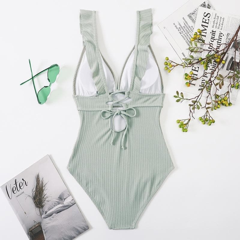 Ruffle Solid V-Neck Backless One-Piece Swimwear - Y2K Aesthetic Cute Summer Style