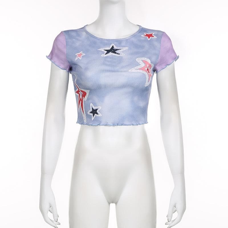 Ruffle Star Pattern Tie Dye Crop Top - Y2K Aesthetic Cute Top for Coquette & Grunge Styles