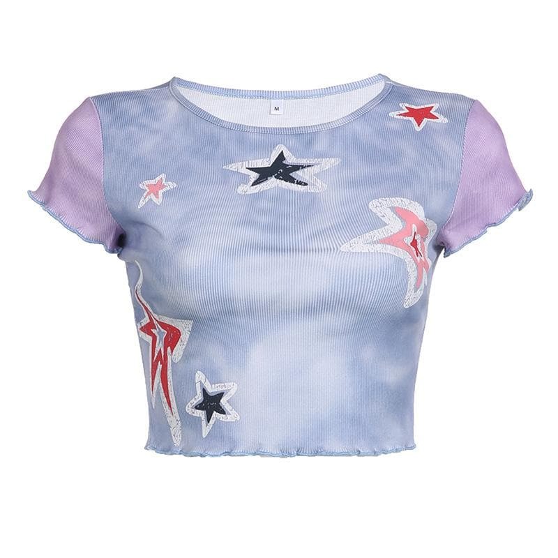 Ruffle Star Pattern Tie Dye Crop Top - Y2K Aesthetic Cute Top for Coquette & Grunge Styles