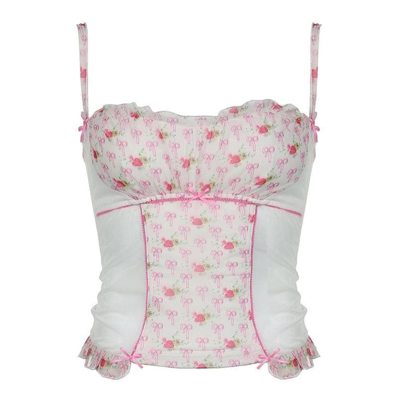 Ruffle Stitch Patchwork Bowknot Print Cami Top - Y2K Aesthetic Cute Crop Top for Coquette Style