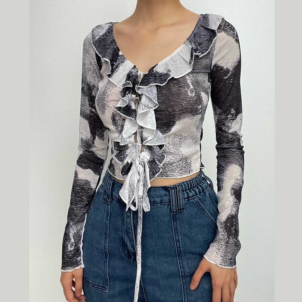 Ruffle Tie Dye Long Sleeve Lace-Up V-Neck Top - Y2K Aesthetic Cute Crop for Grunge & Coquette Styles