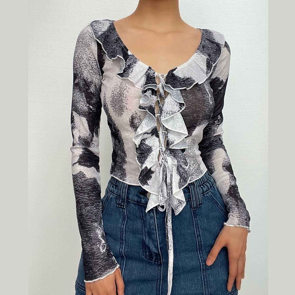 Ruffle Tie Dye Long Sleeve Lace-Up V-Neck Top - Y2K Aesthetic Cute Crop for Grunge & Coquette Styles