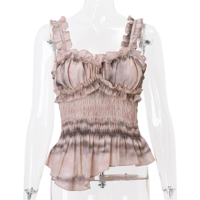 Ruffle Tie Dye Smocked Sweetheart Neck Cami Top - Y2K Aesthetic Cute Crop Top