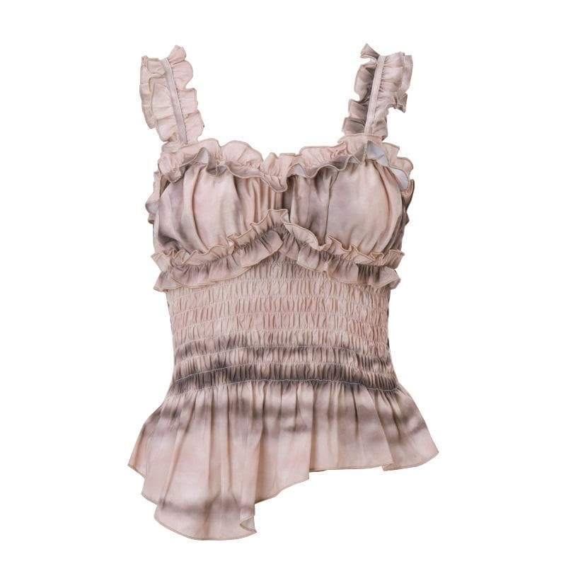 Ruffle Tie Dye Smocked Sweetheart Neck Cami Top - Y2K Aesthetic Cute Crop Top