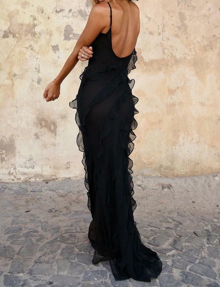 Ruffle Trim Deep V Backless Maxi Dress - Y2K Aesthetic, Coquette Style, Cute & Comfy