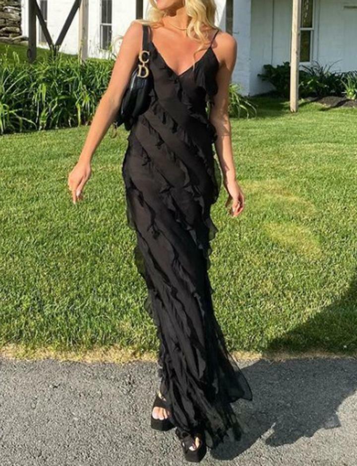Ruffle Trim Deep V Backless Maxi Dress - Y2K Aesthetic, Coquette Style, Cute & Comfy