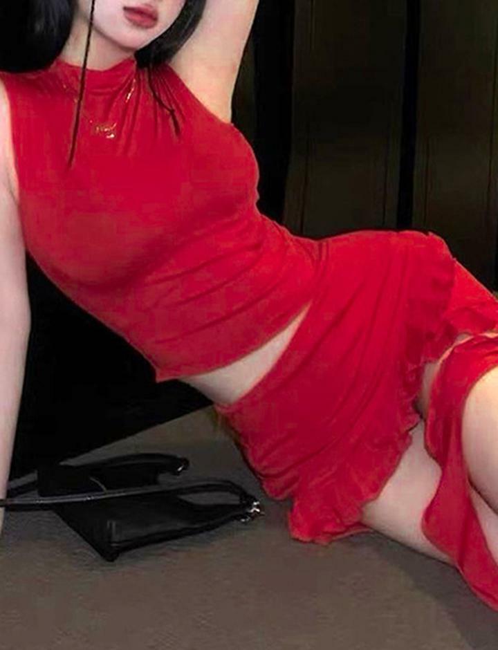 Ruffle Trim High Neck Irregular Hollow Dress - Y2K Aesthetic, Coquette Style, Cute Fashion