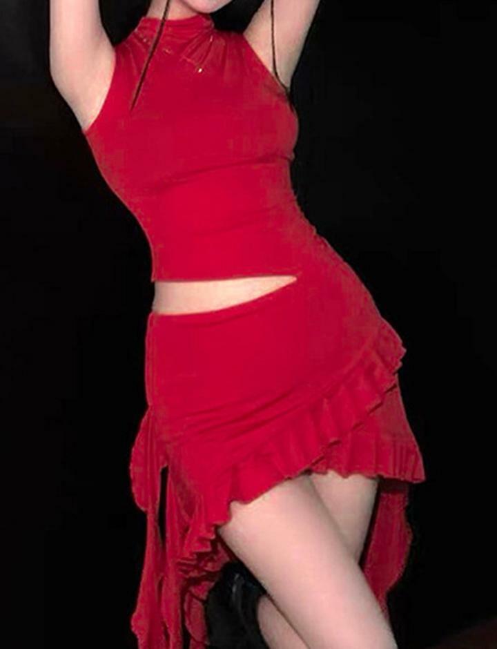 Ruffle Trim High Neck Irregular Hollow Dress - Y2K Aesthetic, Coquette Style, Cute Fashion