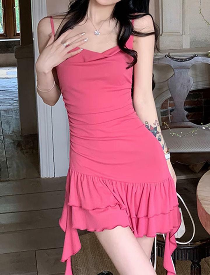 Ruffle Trim Irregular Hem Summer Suspender Dress - Y2K Aesthetic Cute Pink Outfit