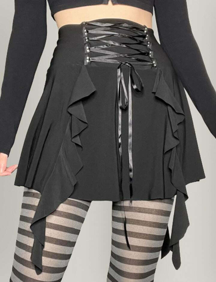 Ruffle Trim Lace-Up Black Pleated Mini Skirt - Y2K Grunge Aesthetic Fashion Essential