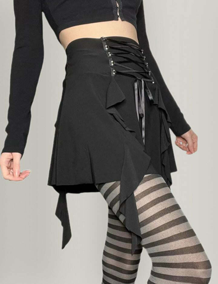 Ruffle Trim Lace-Up Black Pleated Mini Skirt - Y2K Grunge Aesthetic Fashion Essential