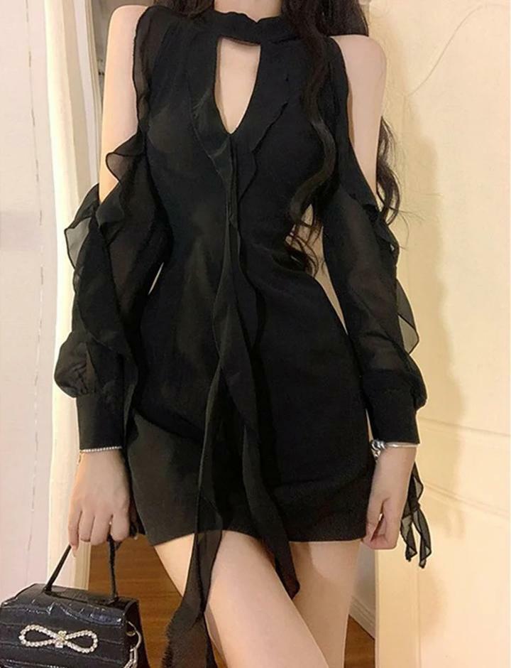 Ruffle Trim Off Shoulder Halter Neck Cut Out Black Dress - Y2K Grunge Aesthetic Fashion