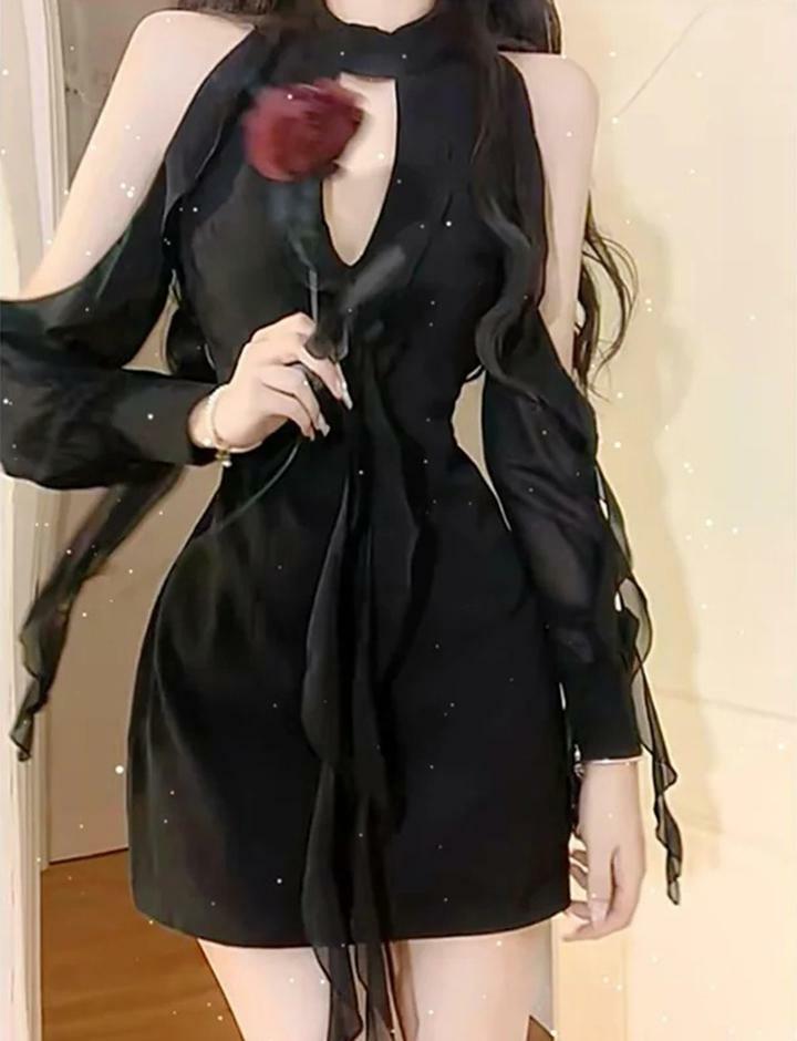 Ruffle Trim Off Shoulder Halter Neck Cut Out Black Dress - Y2K Grunge Aesthetic Fashion