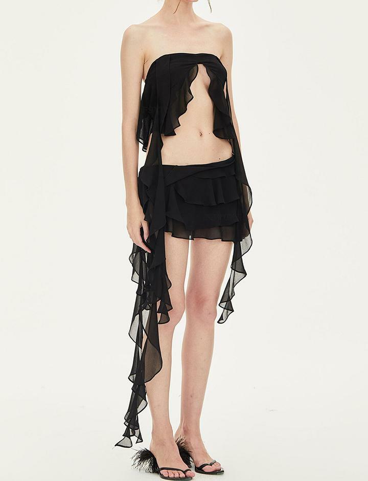 Ruffle Trim Tiered Tube Top & Babes Cargo Skirt Co-ord Set - Y2K Coquette Aesthetic