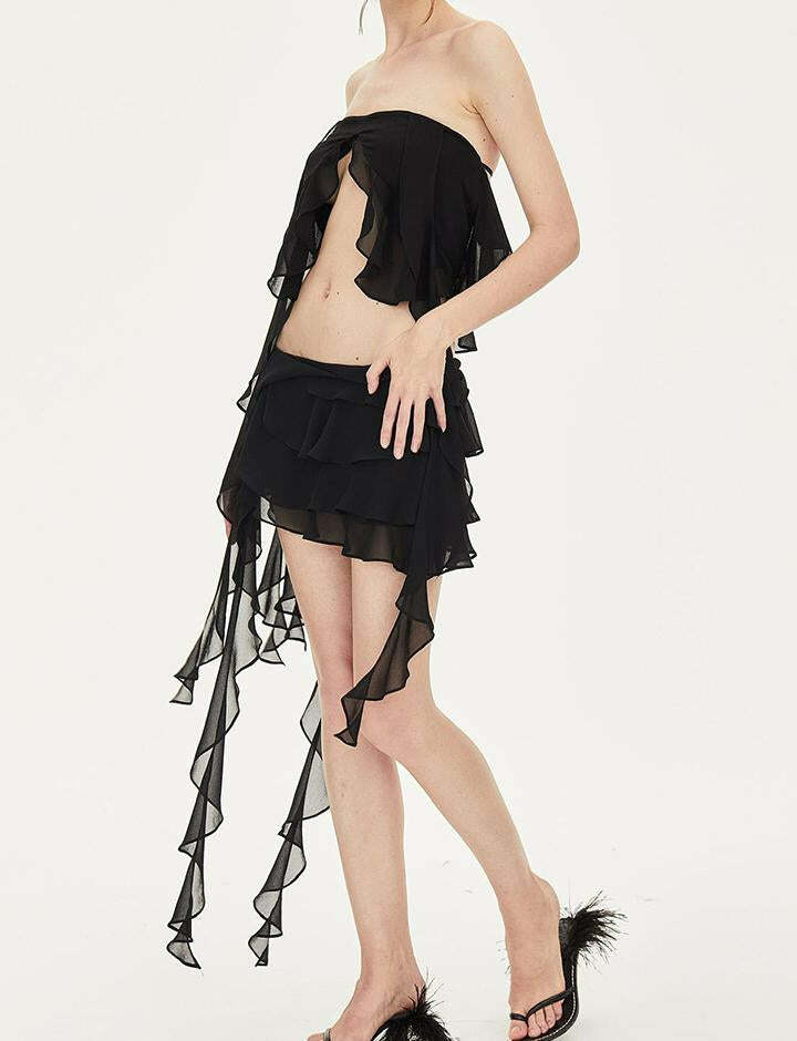 Ruffle Trim Tiered Tube Top & Babes Cargo Skirt Co-ord Set - Y2K Coquette Aesthetic