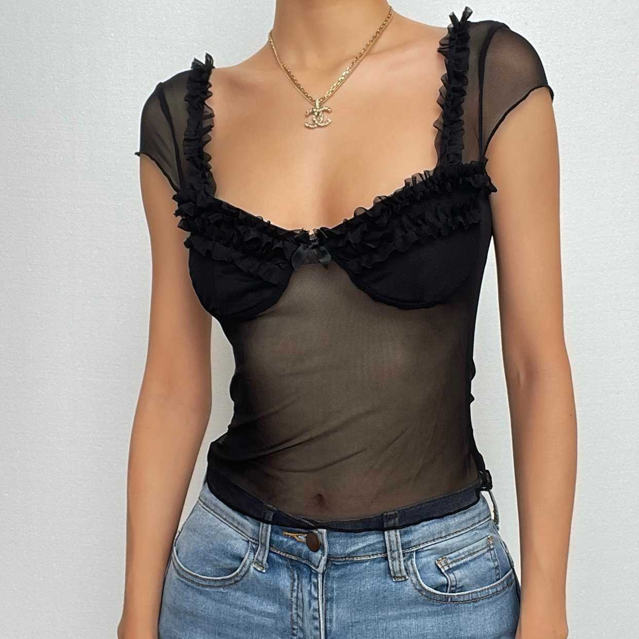 Ruffle V-Neck Mesh Patchwork Backless Top - Y2K Aesthetic Cute Crop for Coquette Style