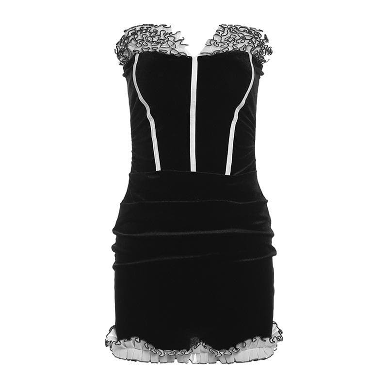 Ruffle Velvet Stitch Ruched Backless Tube Mini Dress - Y2K Coquette Aesthetic Fashion