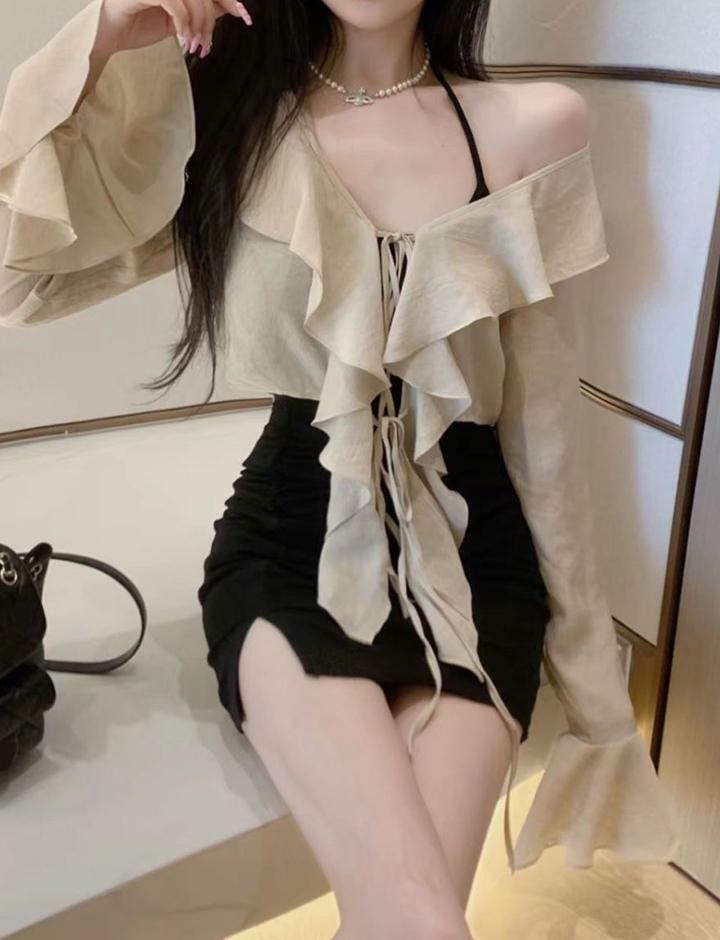 Ruffled Cardigan & Halter Neck Wrap Skirt Co-Ord Set - Y2K Fashion & Coquette Aesthetic