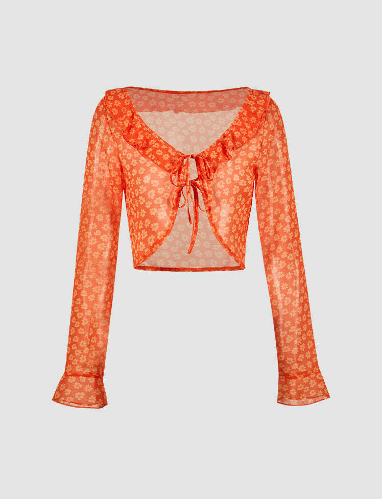 Ruffled Flared Floral Print Top - Y2K Aesthetic Cute Crop Top for Coquette & Grunge Styles